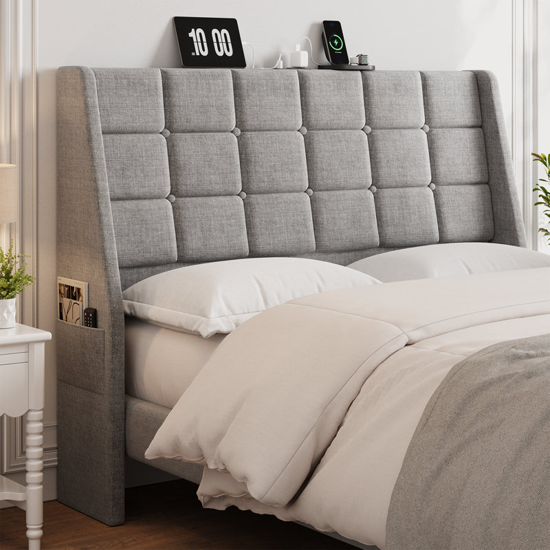 Ergonomic Upholstered Wingback Headboard With USB Charging Station And Storage Pockets, Tufted Linen, Bed Frame Compatible