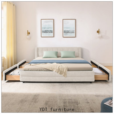 Grand lit de rangement rembourré beige