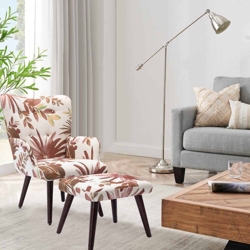 Fauteuil à oreilles et repose-pieds capitonné en polyester l 27,2 po Hike, Lin rouge