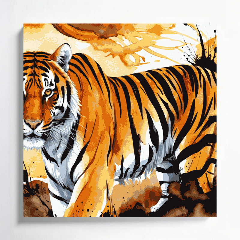 «Big Cats», tigré doré sur toile beige, 8" H x 8" W