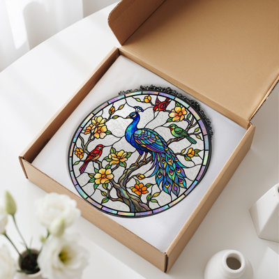 Panneau de vitrail à motif floral paon H 12 po