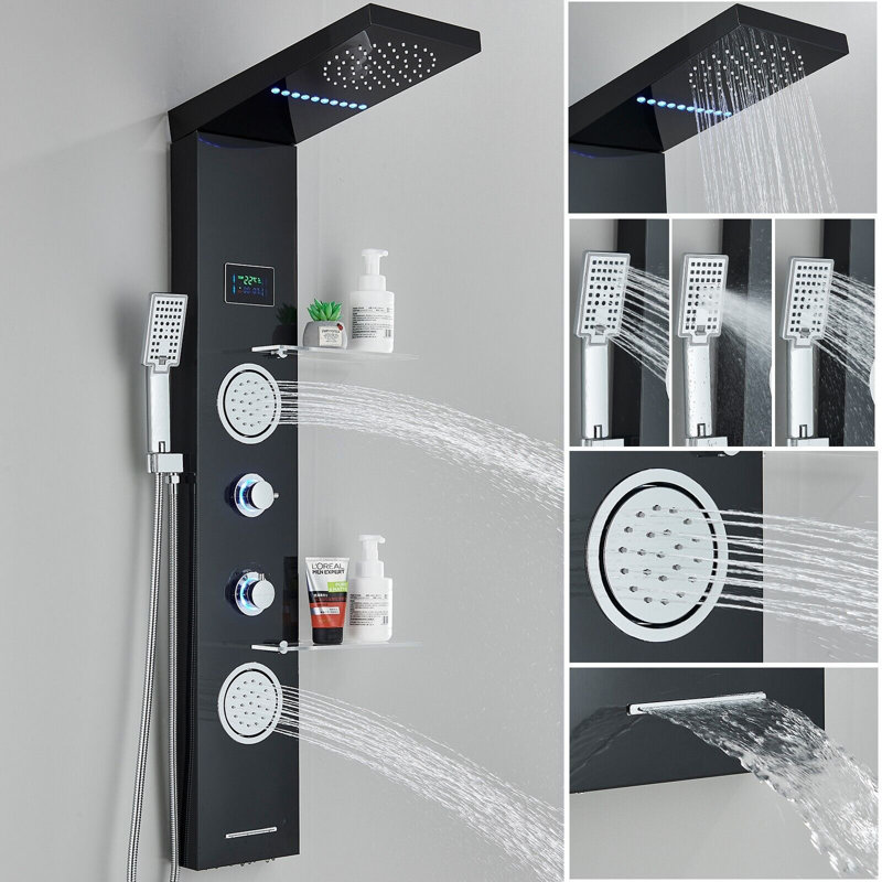 Black LED Shower Panel Tower Stainless Steel Rain&Waterfall Massage Body Jet System