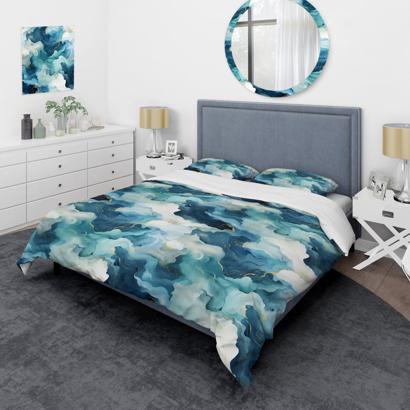 Ensemble de housse de couette en marbre Zen II bleu et blanc Zen, Housse de couette simple + 1 taie décorative stan