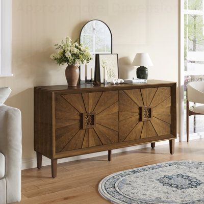 Premium Rustic American Farmhouse Credenza - Symmetrical Sunburst Door Design, Heavy-Duty Antique Wood TV Stand with Adjustable Shelves, Storage Cabinet for Living Room/Kitchen
