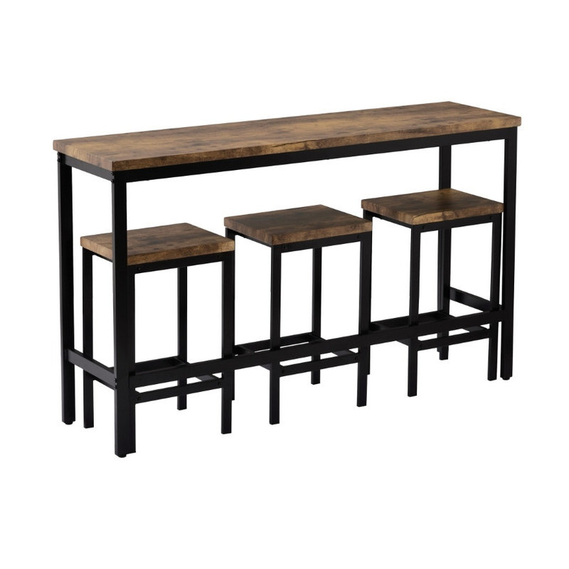 Ensemble de salle à manger très long à hauteur de comptoir - 3 tabourets avec repose-pieds, table d'appoint de pub, Brun