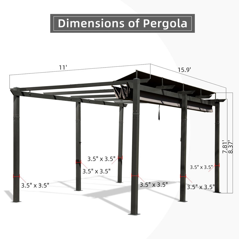 Pergola de cour 11 pi x 16 pi gris foncé avec auvent. Aluminium, tissu, réglable pour protection solaire rétractable