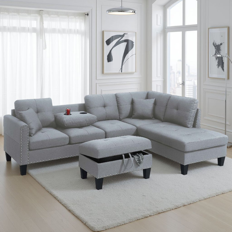Canapé modulaire 3 pièces Rema, méridienne, repose-pieds, 2 coussins, lin Rema, Lin gris