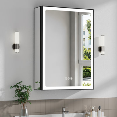 24" W X 30" H Modern Black Aluminum Frame Surface/Recessed Mount Medicine Cabinet with Mirror, Anti‑Fog, Tri‑Color Dimmable Lights and Adjustable Glass Shelves for Makeup, Shaving or Bathroom Vanity Storage