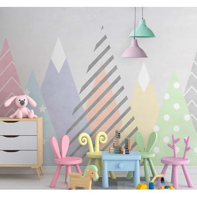 Murale pastel à motif de montagnes géométriques pour enfants | Papier peint scandinave chambre de bébé | Non-tissé ou pelez et collez