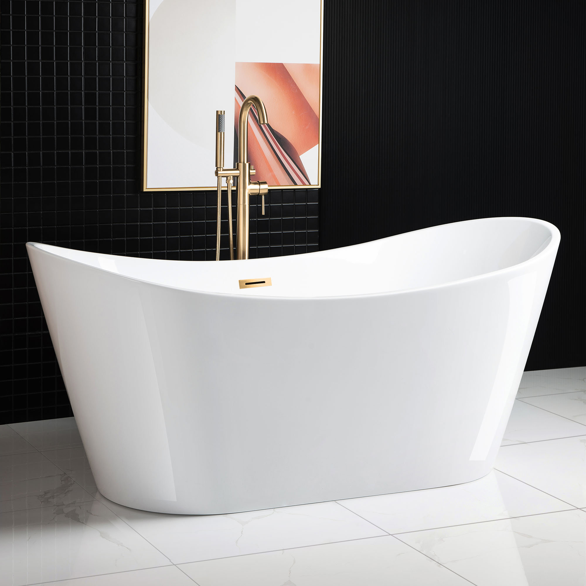 67'' x 32'' Freestanding Soaking Acrylic Bathtub, Brushed Gold, White