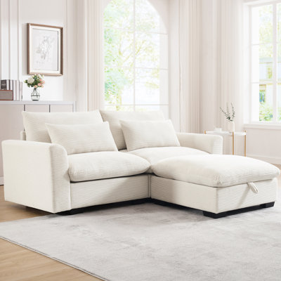 Velours côtelé beige avec rangement et coussins en mousse - Coussin 2 places
