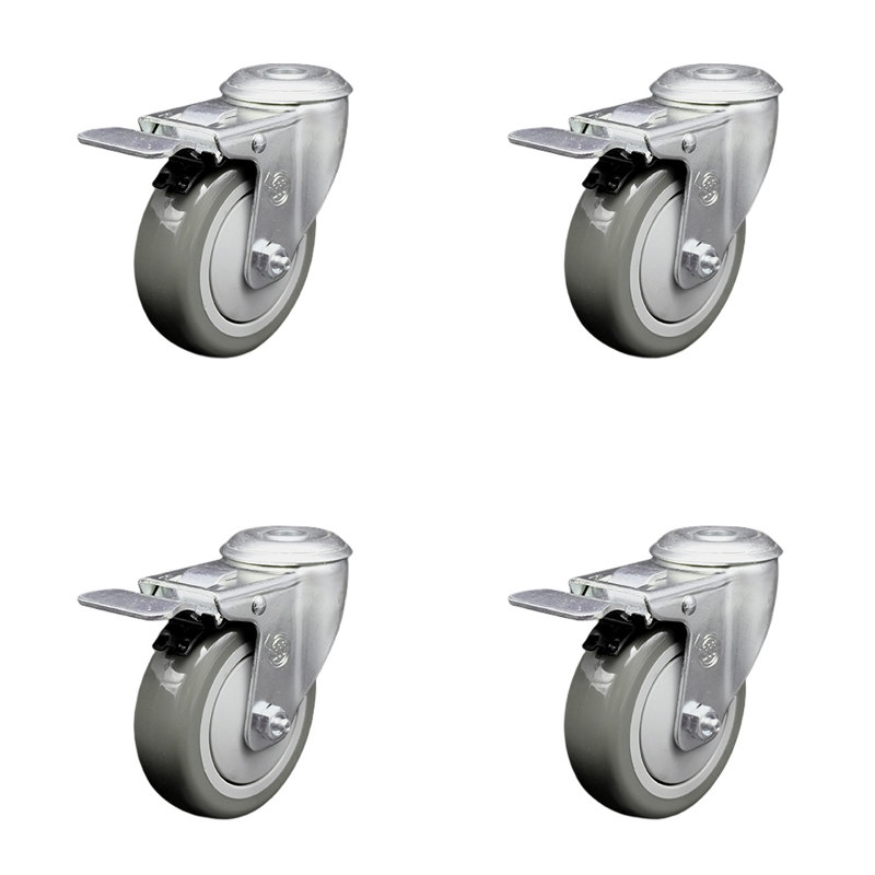 Ensemble de roulettes pivotantes en polyuréthane 4 trous avec frein à verrouillage total, Gris