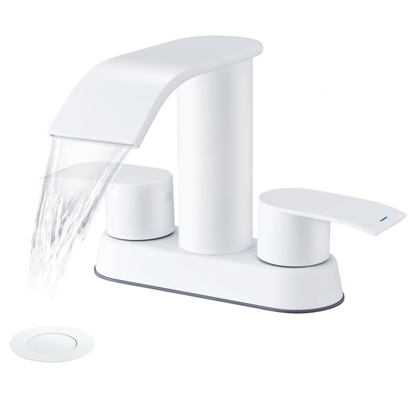 4" Centerset Double Handle Waterfall Bathroom Sink Faucet with Pop Up Drain, White
