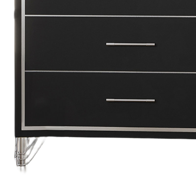 Commode haute Zoe, ébène moderne noir et argent, 5 tiroirs