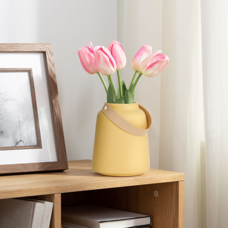 Lido 6" Modern Ceramic Pink Table Vase with Strap Handle, 6" H x 5" W x 5" D, Pink
