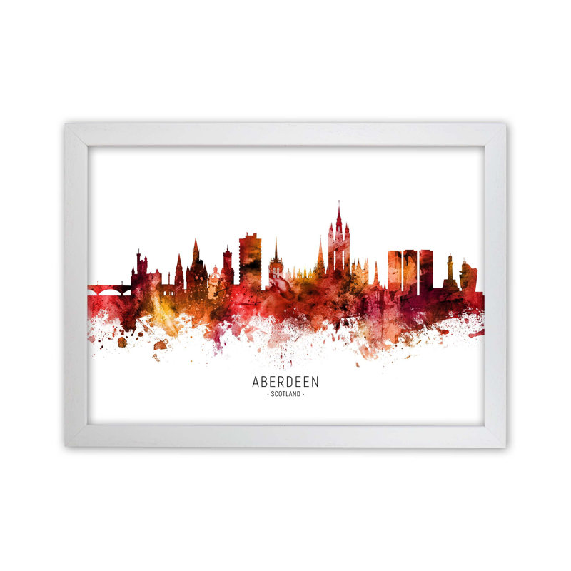 Aberdeen Scotland Skyline Red City Name by Michael Tompsett - Print, 34cm H x 46cm W x 3cm D, White Framed