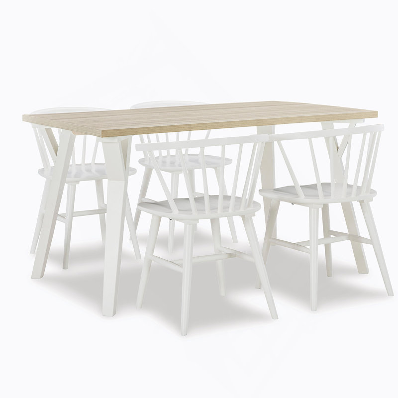 Ensemble de salle à manger 5 pièces en bois blanc et naturel avec table Windsor et 4 chaises Windsor