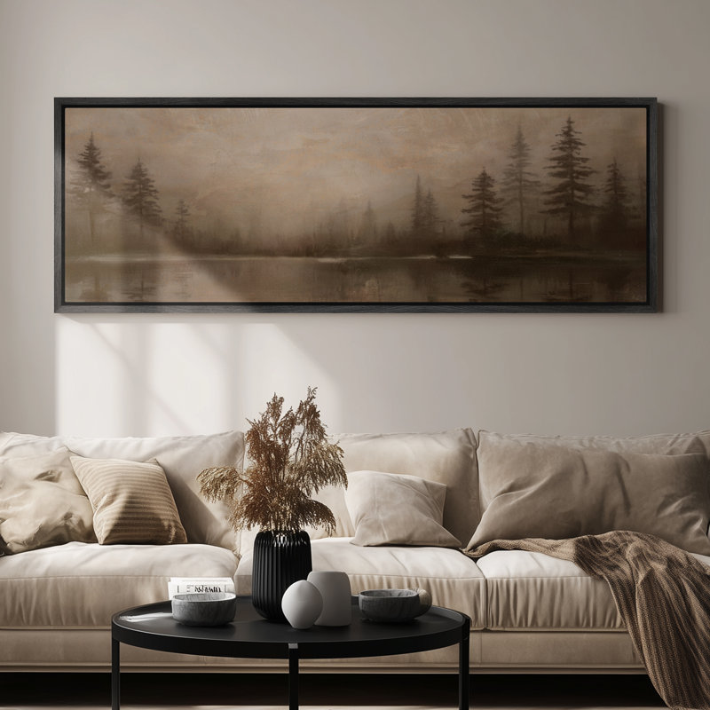 «Misty Pine Forest Reflection on Quiet Lake», art mural pour chambre à coucher ou espace de méditation, H 20 po x l 60 po