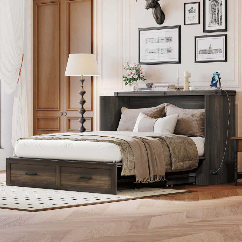 Armoire-lit escamotable pliable avec station de charge, Queen