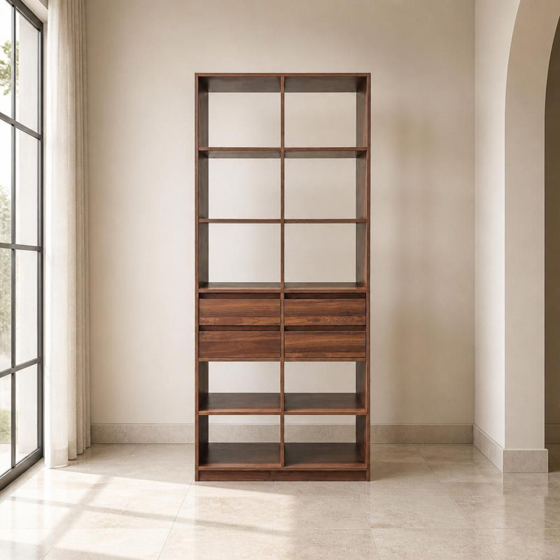 Grande bibliothèque autoportante à casiers ouverts avec 4 tiroirs de rangement, étagère de présentation multifonctionnelle moderne et armoire de rangement avec compartiments ouverts superposés et tiroirs dissimulés