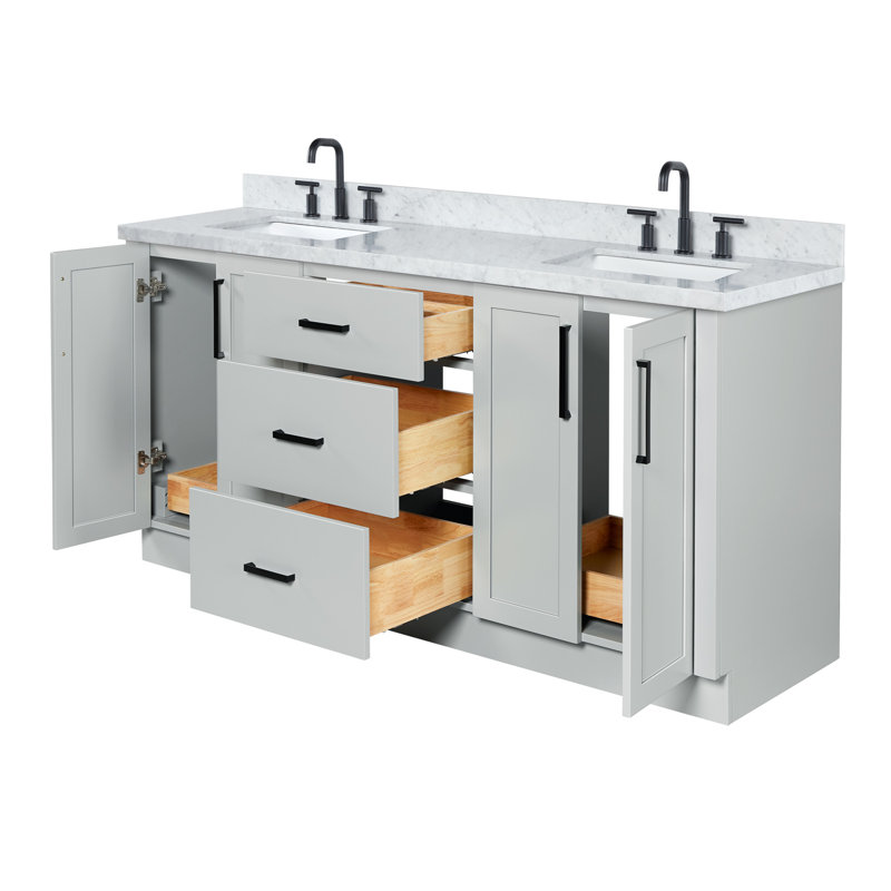 Meuble-lavabo double rectangulaire de 185 cm avec comptoir en marbre blanc de Carrare de 3,8 cm d'épaisseur, de couleur gris.