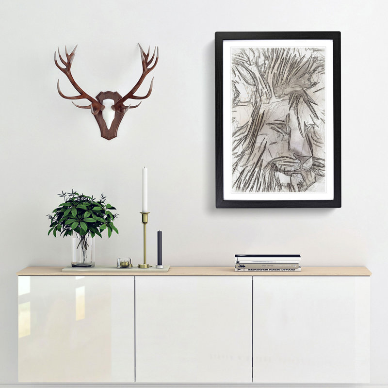 Abstract Lion Art - Picture Frame Graphic Art Print, 48cm H x 36cm W x 2cm D, Black Framed