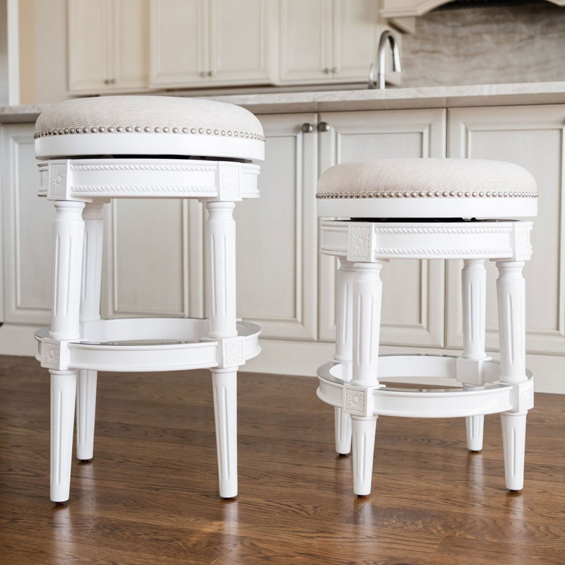 Alabaster White Swivel Backless Bar Stool with Hand-Carved Wood