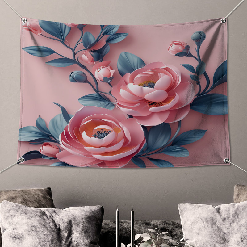 Tapisserie murale fleurs de pivoine rose, 104in H x88 with 4 Grommets