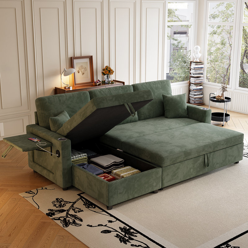 83" Convertible Sectional Sleeper Sofa with Pull Out Couch Bed,  4-in-1 Corduroy Cloud Couch with Storage Chaise and USB Charging, Green