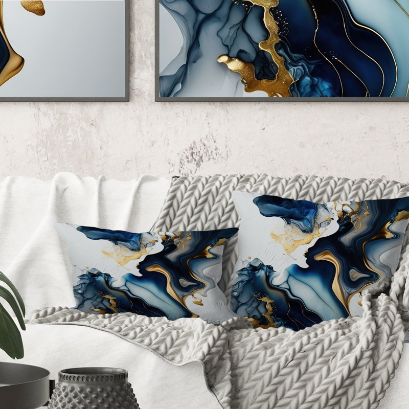 Abstract Geode Marble Blue I - Coussin abstrait en marbre, H 12 po x l 20 po, Rectangulaire
