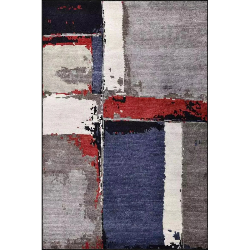 Tapis bleu tissé à motif lavable rétro, Rectangle 2 pi 4 po x 4 pi