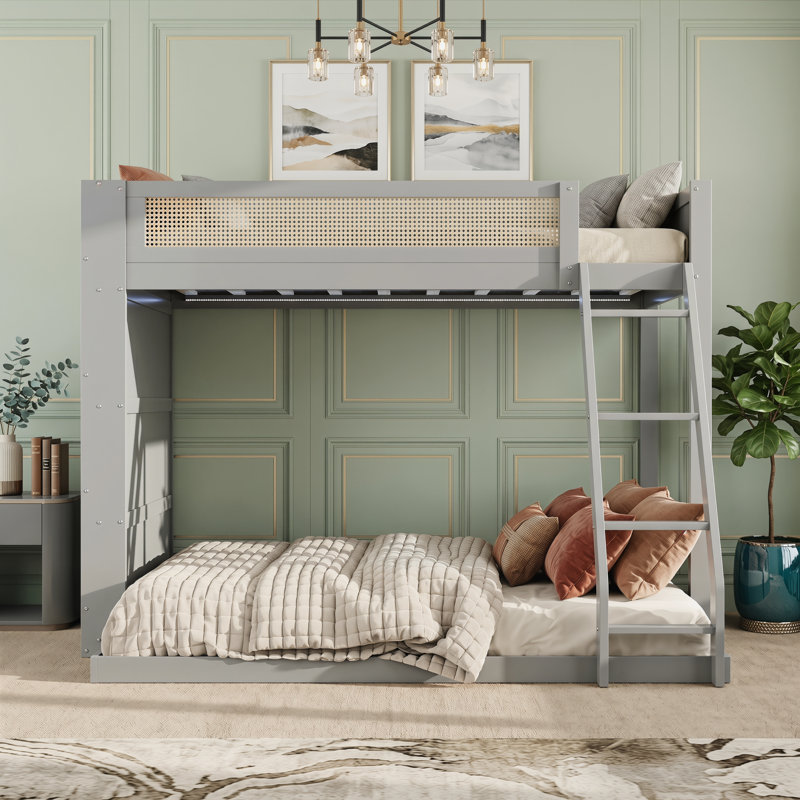 Lit simple superposé au dessus d'un lit double avec tablette intégrée et lumières DEL, Gris