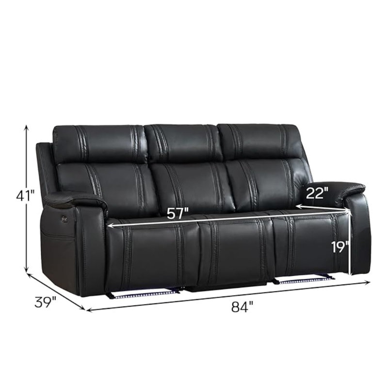 84'' Wide Modern Upholstered Faux Leather Reclining Sofa With Cup Holders, Black
