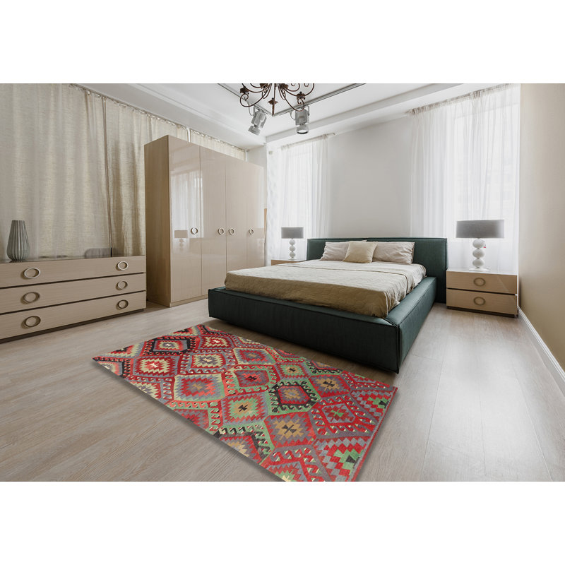 Tapis de zone rouge/vert contemporaine, Rectangle 5 pi x 7 pi