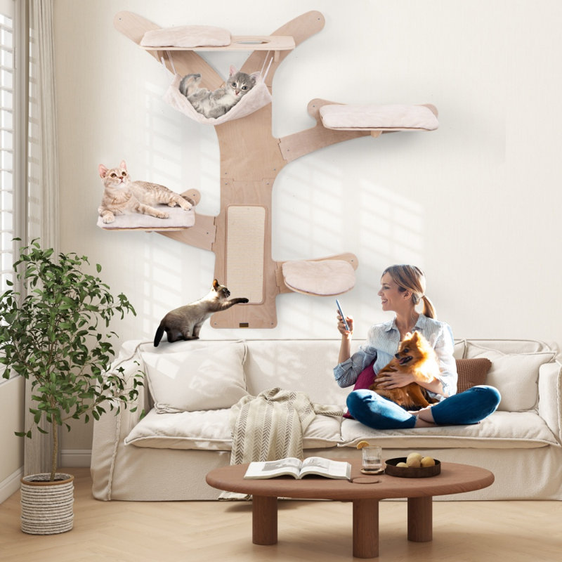Tour à chat murale à 5 niveaux avec plateformes de hamac et tapis à gratter en sisal