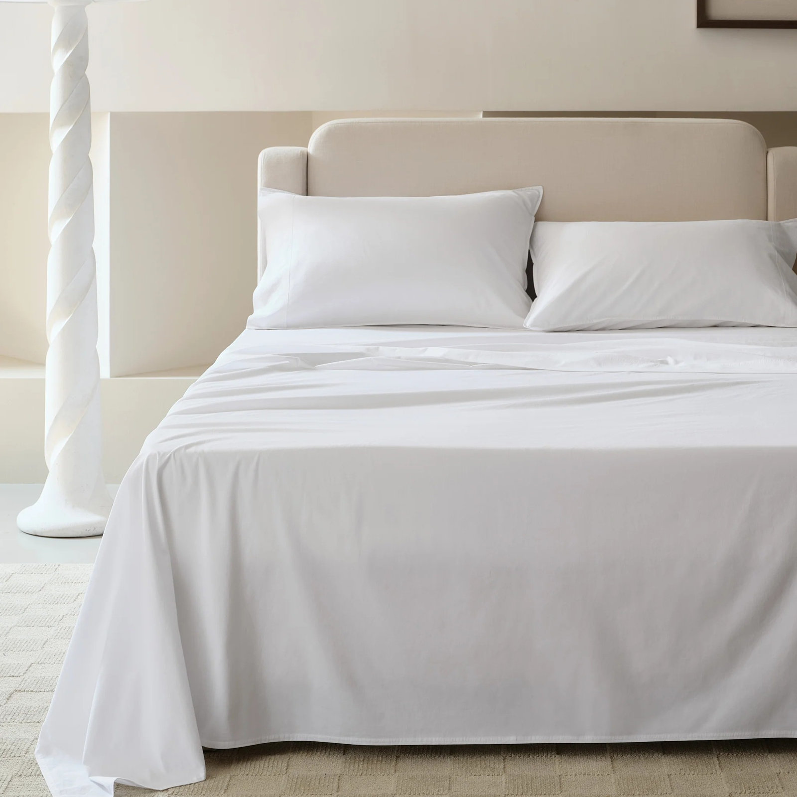 Double Stitch 100% Cotton Sheet Set, King Sheet Set with 2 Pillowcases, Pure White