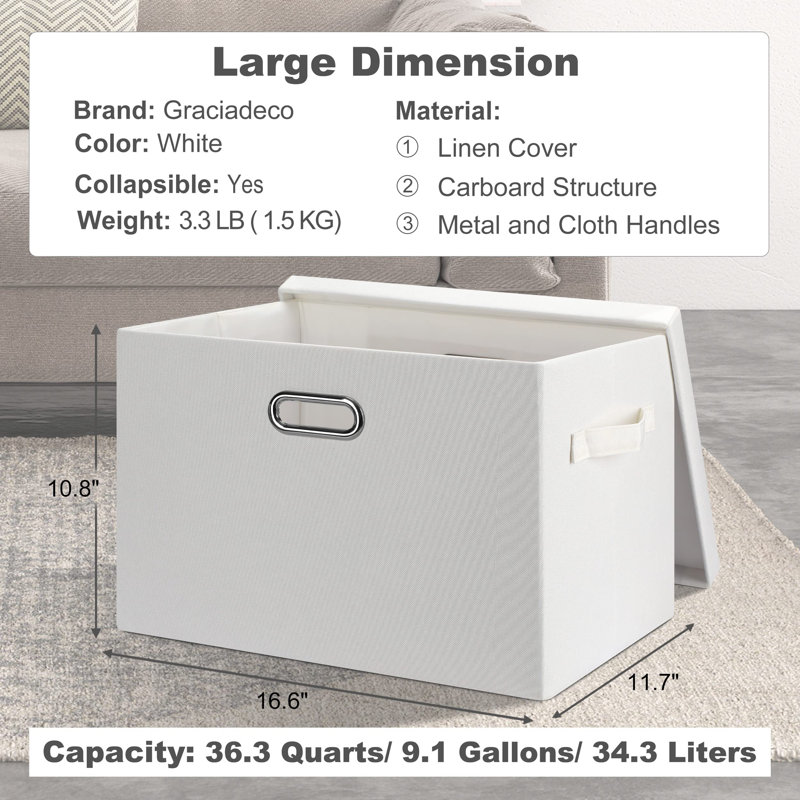 Large 17" 36 Quart Collapsible Stackable Storage Bins With Lids, White