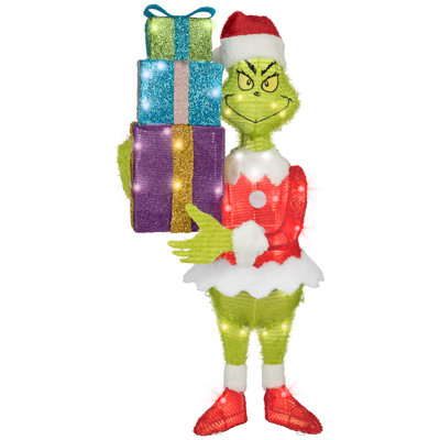 3D Holiday Lighted Tinsel Sculpture Grinch with Present Stack Dr. Seuss