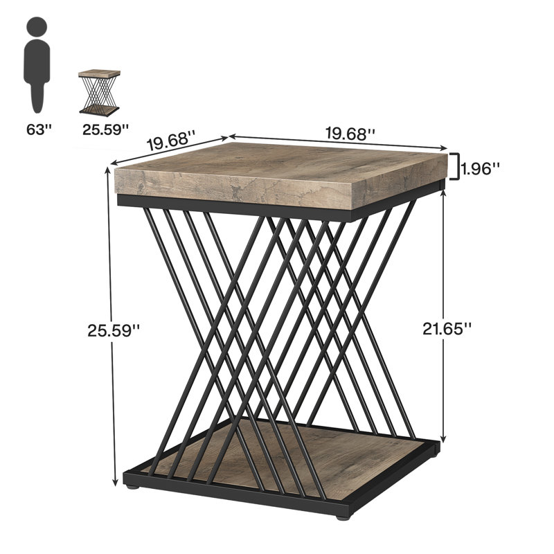 25.6'' Tall Square End Table Set, Grey Top/Black Base