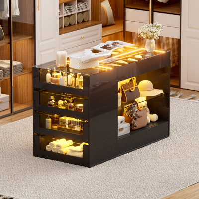 Walk-In Closet Island with 8 Drawers and Open Storage, 1-Shelf Chest with Tempered Glass Top, LED Light, Jewellery Storage