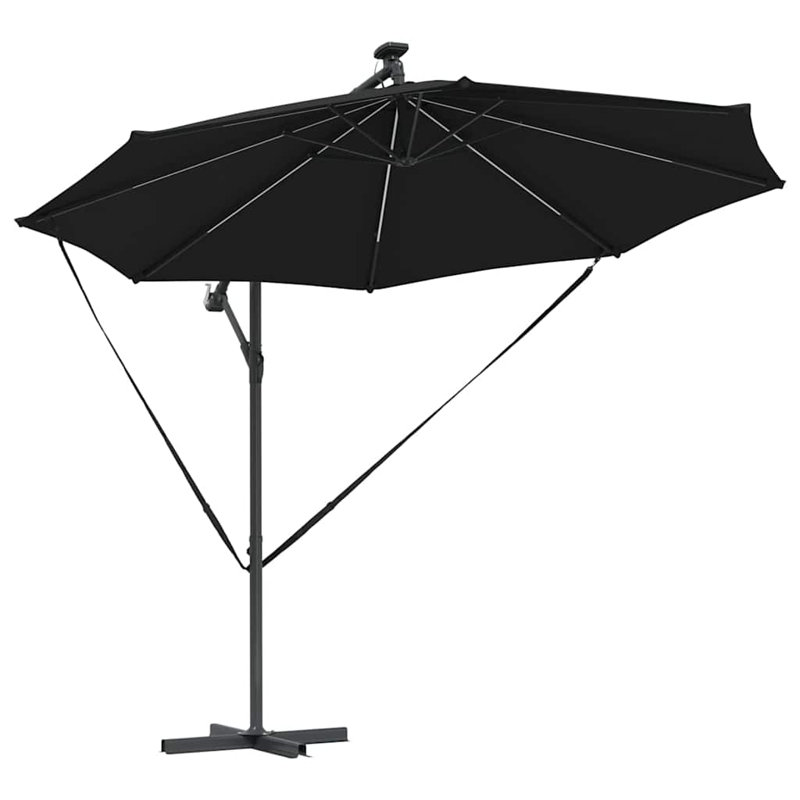 Umbrella with LED Strip Lights Polyester and Aluminium Outdoor Parasol, 248cm H x 294cm W x 294cm D, Black