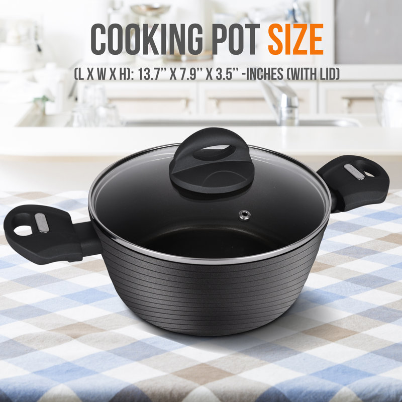 Black Aluminum 2 Quart Cooking Pot with Tempered Glass Lid