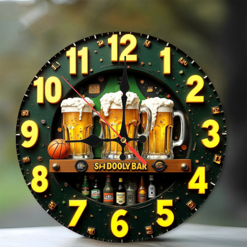 clock beer mugs bar bottles sports