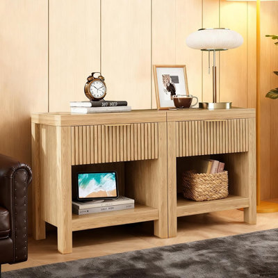 Ensemble de 2 tables de chevet, table de bout cannelée à 2 tiroirs, table de chevet moderne avec rangement pour la chambre à coucher et le salon (chêne naturel)