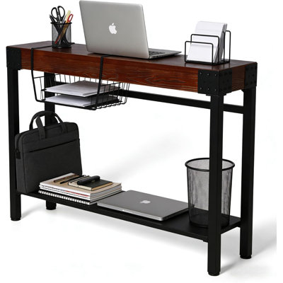 Table de hall d'entrée industrielle avec console, canapé rustique en bois et métal avec rangement, tables d'entrée de style campagnard à 3 niveaux avec couloir derrière le canapé pour le salon de la maison, brun rustique, L 47,24 po x l 11,81 po x H 32,28 po