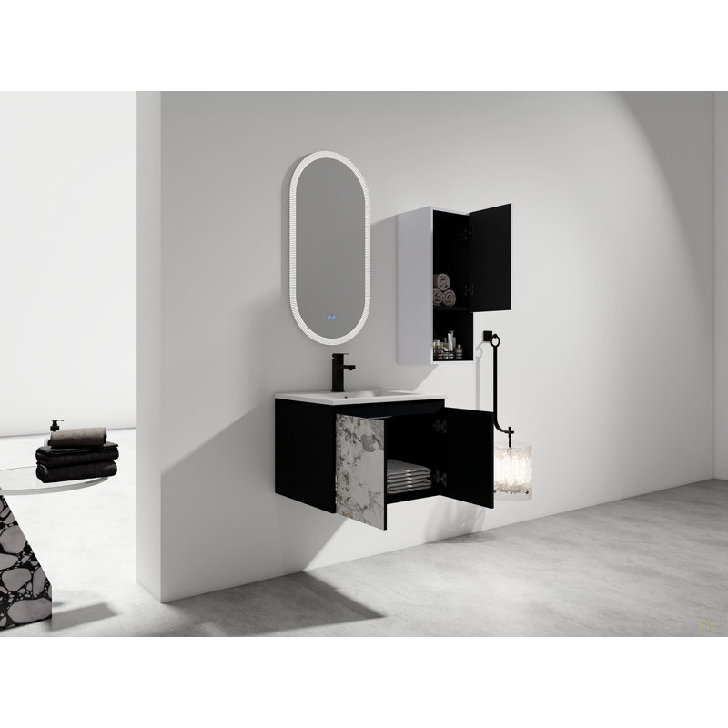 Meuble-lavabo mural 24 po avec lavabo en céramique, armoire latérale et portes à fermeture douce, armoire combinée (ensemble KD)