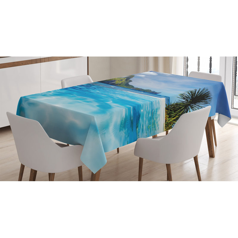 Ambesonne Landscape Tablecloth, Landscape With Swimming Pool And Distant Island Tropic Exotic Hawaiian Theme, Rectangular Table Cover For Dining Room Kitchen Decor, 52" X 70", Turquoise Green
