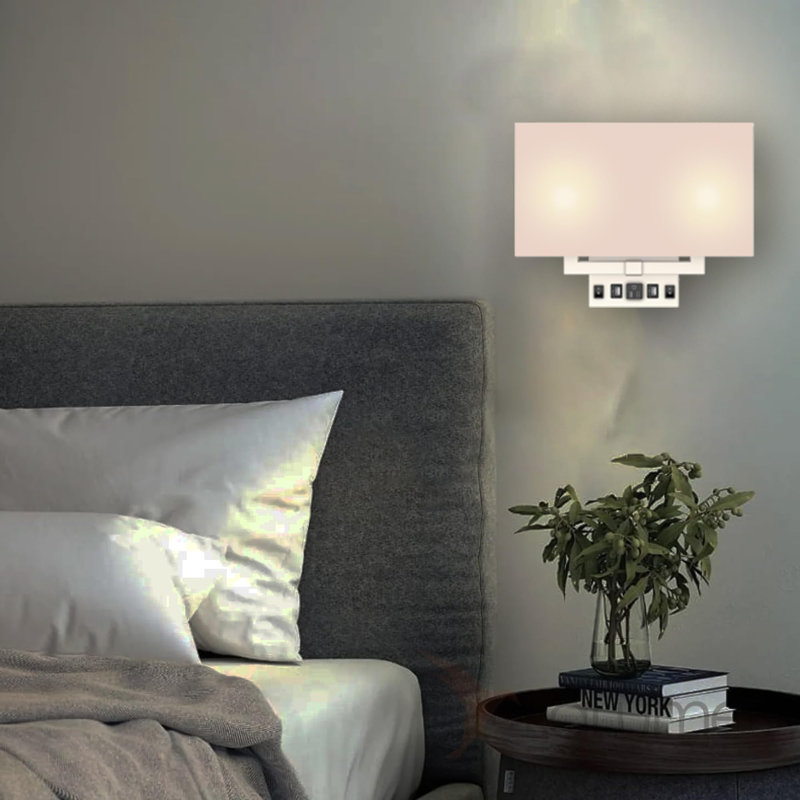 Modern White Fabric Shade Wall Sconce with USB Ports