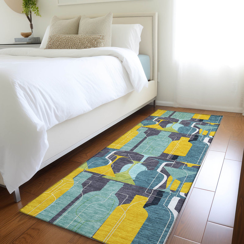Tapis bleu Cerrito AMF168 lavable à la machine de qualité supérieure, Tapis de couloir 2 pi 3 po x 7 pi 6 po
