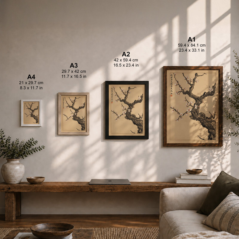 Awakening Branch Japandi - Framed Print, A2 - 59.4 x 42.0 cm, Walnut
